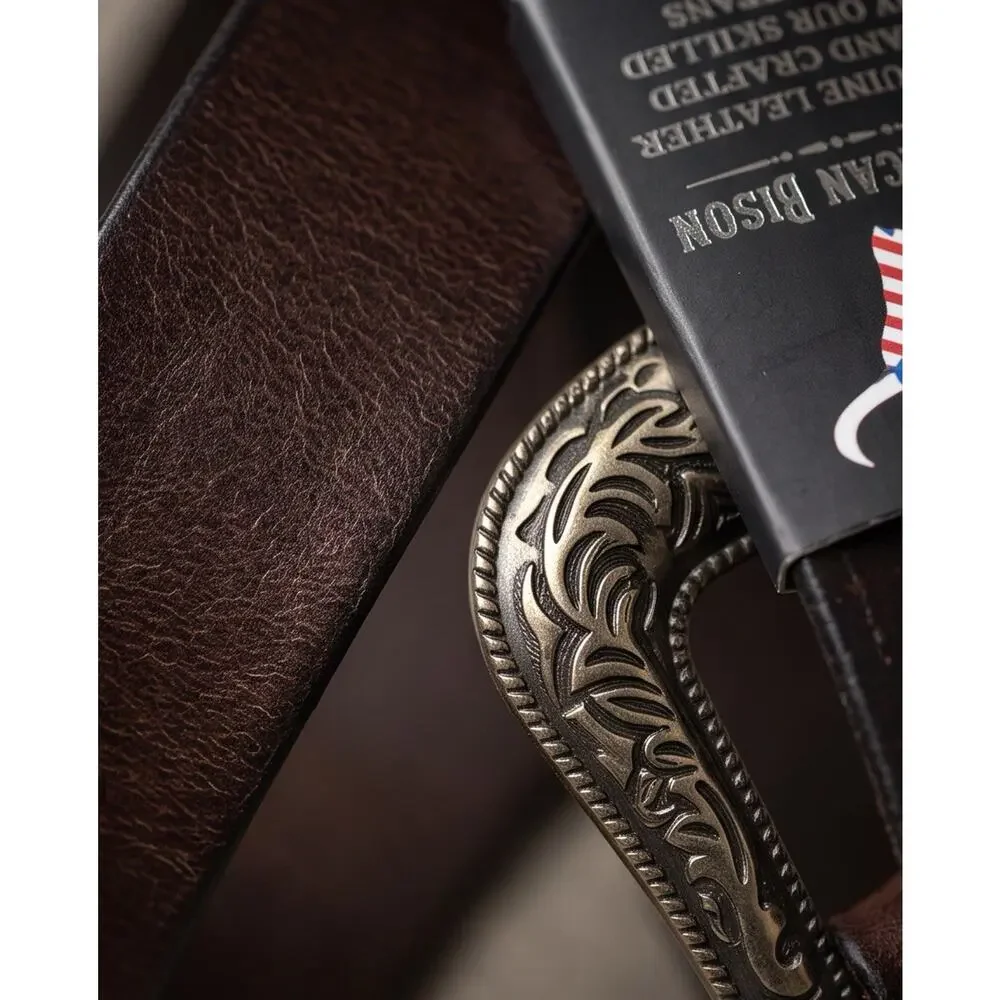 American Bison Mens Size Medium 38-40L Brown Tooled Leather Western Cowboy Belt